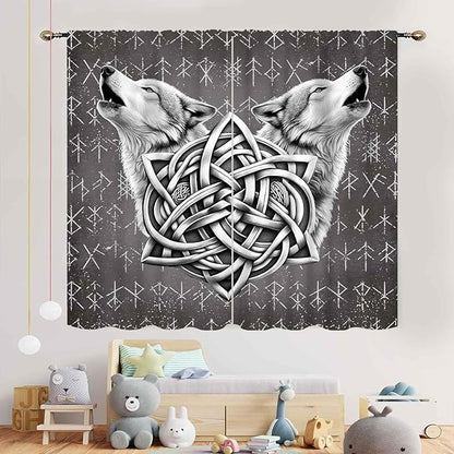 Viking Curtains, Gothic Nordic Wolf Celtic Rune Scandinavian Viking Runes Norse Mythology Aesthetic Retro Drapery for Bedroom Living Room Bathroom Window 2 Panel Set, 42"x63" Inch