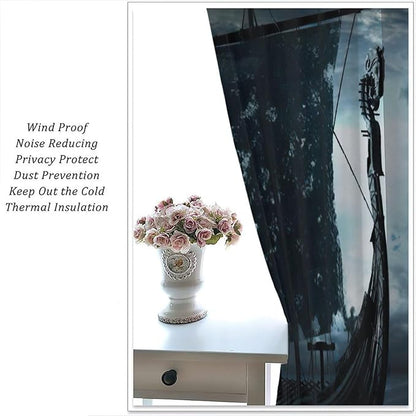 Viking Ship Curtains, Night Scene with Black Vikings Dragon Ship Sailing, Vintage Ancient Scandinavian Nautical Print Blackout Window Drapes for Boys Bedroom Living Room 84x84in