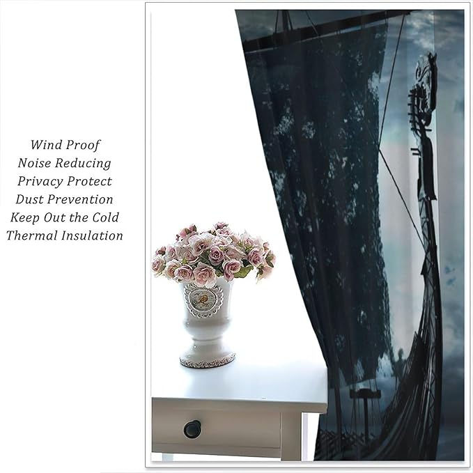 Viking Ship Curtains, Night Scene with Black Vikings Dragon Ship Sailing, Vintage Ancient Scandinavian Nautical Print Blackout Window Drapes for Boys Bedroom Living Room 63x63in