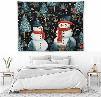 MaSiledy Tapestry Snowman Couple Vintage Aesthetic Tapestry Wall Hanging Winter Snowman Tapestries Wall Art for Home Decor Landscape 60"x80" Holiday Scene Banner for Winter Christmas Party