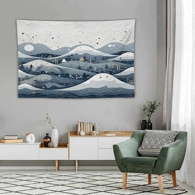 Snow Mountain Scandinavian Winter Wall Tapestry Hello Winter Holiday Tapestries for Bedroom Landscape Tapestry Wall Hanging for Dorm Living Room 60"x90" Tapestries Winter Snowflake Decorative