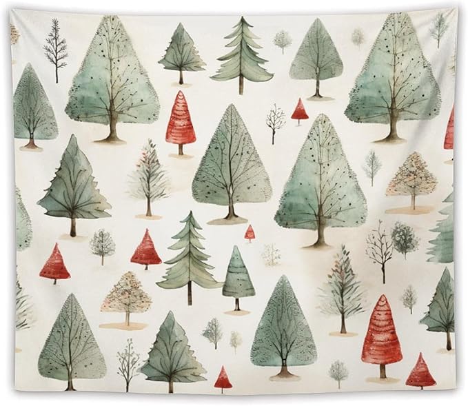 MaSiledy Vintage Christmas Tree Watercolor Tapestry As Wall Art Rustic Style Nature Forest Tapestry for Bedroom Aesthetic Landscape Tapestry Wall Hanging Decor for Bedroom 50"x60"