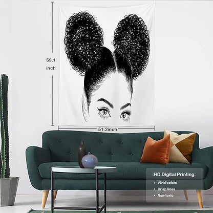 Batmerry Black American Afro Tapestry, White Graphic Woman Wall Art Hanging Decoration Polyester Fiber White Ruffled Around for Dorm Room Bedroom Living Room, 59.1x51.2 inches