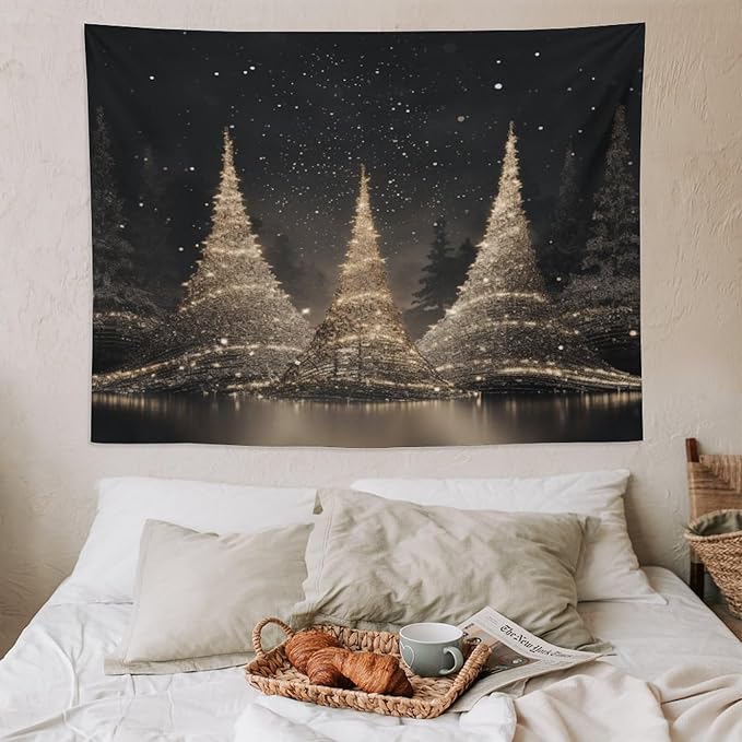 Tapestry Silver Lighted Christmas Trees Tapestries for Bedroom Winter Holiday Wall Tapestry Wall Hanging for Bedroom Living Room Dorm Decor Landscape 60"x80" Tapestries Winter Snowflake Decorative