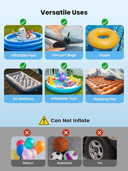 Air Mattress Pump, 3 Ways Powered Portable Electric Air Pump with 3-Nozzle AC 110V, DC 12V, Battery Operated Quick-Fill Inflator Deflator for Inflatable Pool Float Air Bed Boat Swimming Ring