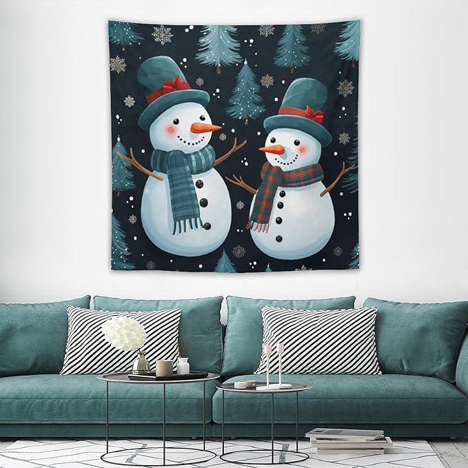 MaSiledy Wall Tapestries Snowman Couple Tapestry Winter Snowflake Cute Cartoon Funny Snowman Vintage Aesthetic Tapestry Wall Hanging Wall Decor for Bedroom Living Room Dorm 60"x60"