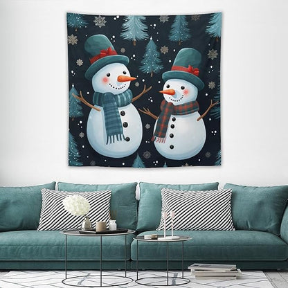 MaSiledy Wall Tapestries Snowman Couple Tapestry Winter Snowflake Cute Cartoon Funny Snowman Vintage Aesthetic Tapestry Wall Hanging Wall Decor for Bedroom Living Room Dorm 60"x60"