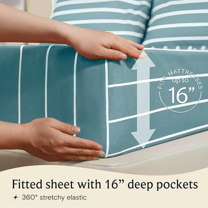 LuxClub Striped Sheets, 3 PC Striped Bed Sheets Twin Size, Deep Pockets Wrinkle Free-Kids-Fitted Sheets Machine Washable Hotel Bedding (Twin, Light Blue)