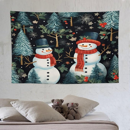 Snowman Couple Tapastry's Wall Hanging Christmas Winter Snowman Tapestry Vintage Aesthetic Tapestries Landscape Tapestry for Bedroom Aesthetic Home Decor 60"x90" Christmas Family Party
