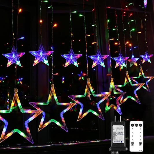 Blingstar Star Curtain Lights 138 LED 12 Star Multicolor Christmas Lights 8.2 Ft Connectable Window Lights with Remote Plug in Curtain String Lights for Christmas Ramadan Bedroom Indoor Outdoor Decor