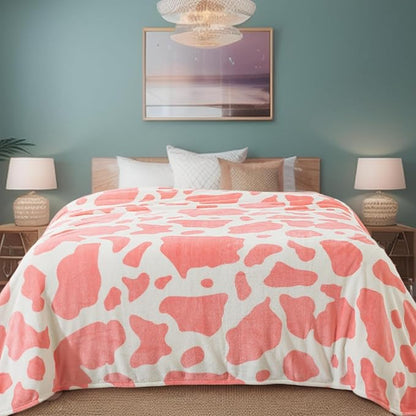 Fleece Cow Print Blanket for All Season - Premium Lightweight Anti-Static Pink and Ivory Twin/Twin XL Size Extra Long Blankets,Bedroom Decor 66" x 90"(Pink Cow)