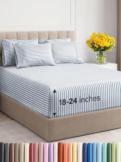 Extra Deep Full Sheet Set - 6 Piece Breathable and Cooling Sheets - Hotel Luxury Bed Sheets Set - Easy Fit - Soft, Wrinkle Free and Comfy Sheets Set - Blue Striped Sheet Set with Extra Deep Pockets