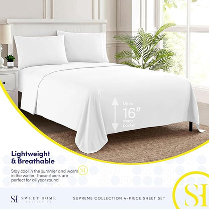 Queen Size Bed Sheets - Breathable Luxury Sheets with Full Elastic & Secure Corner Straps Built In - 1800 Supreme Collection Extra Soft Deep Pocket Bedding Set, Sheet Set, Queen, White