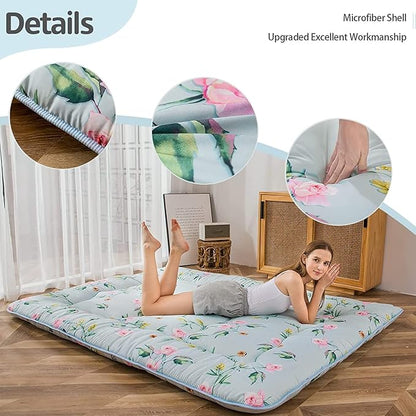 MAXYOYO Japanese Futon Mattress Floor Mattress Sleeping Pad Foldable Bed Roll Up Camping Cushion Floor Lounger Bed Couches and Sofas Couch Topper, Green Floral, Full Size