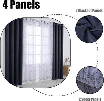 BONZER Mix and Match Curtains - 2 Pieces Branch Print Sheer Curtains and 2 Pieces Blackout Curtains for Bedroom Living Room Grommet Window Drapes, 54x95 Inch/Panel, Grey Dark, Set of 4 Panels