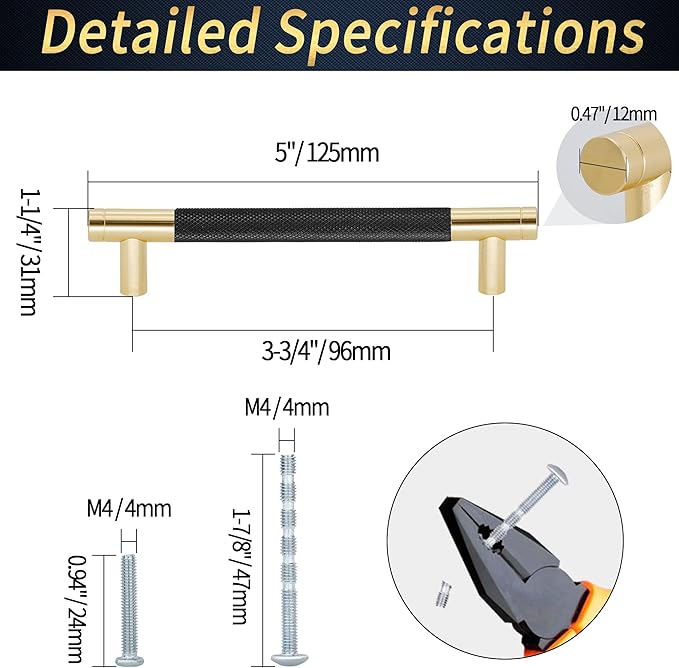 Knurled Cabinet Pulls 6 Pack, 5 Inch Long Cabinet Handles Metal Door Pulls, Kitchen Drawer Pull Knurled Dresser Handles - 3 3/4" Hole to Hole, Black & Gold