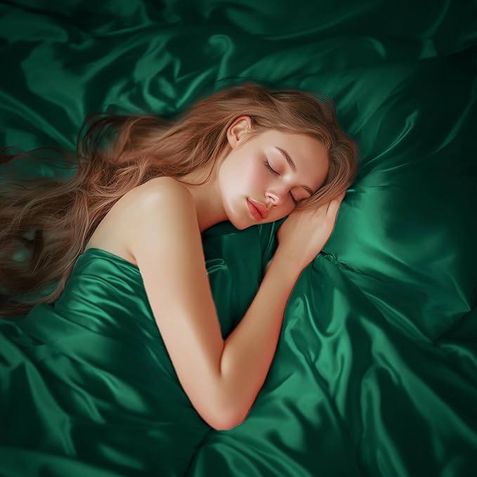 Love's cabin 4Piece California King Satin Bed Linen Set, Dark Green Silky Satin Sheets, Deep Pocket, Luxury Silk Feel, 1 Flat, 1 Fitted Sheet, 2 Pillow Cases