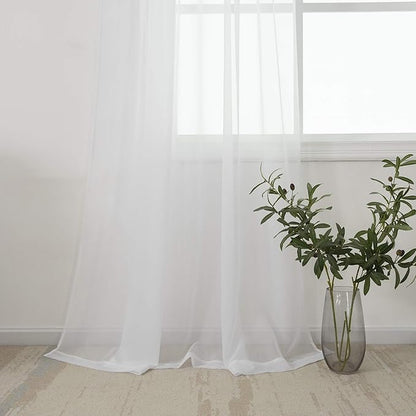 HUTO White Sheer Curtains 96 Inches Long for Living Room Rod Pocket Top Window Sheer Panels Drapes for Bedroom Girls Party Canopy Bed 2 Panels