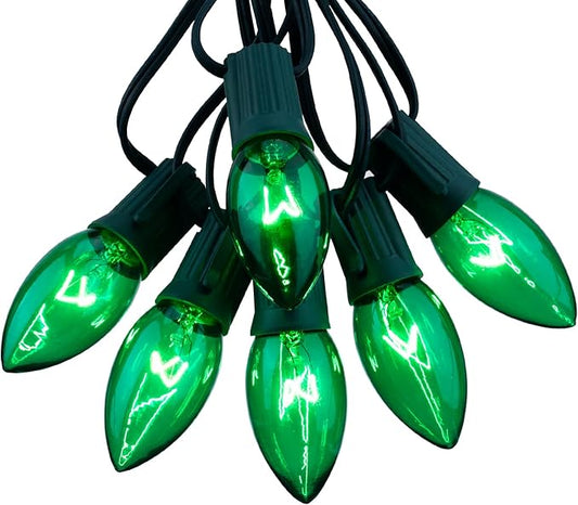 C9 Christmas String Light Green, 25ft Vintage Christmas Tree Lights, Outdoor Roofline String Lights with 25+2 Green Bulbs for Patio Garden Holiday Indoor Home Xmas Decoration, Green Wire