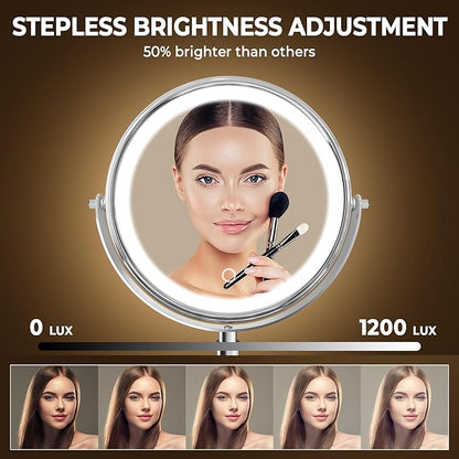 8" Wall Mounted Lighted Makeup Mirror, 3000mAh Rechargeable Double Sided 1X/10X Magnifying Mirror with Hook,3 Color Lights Dimmable 360° Rotation Vanity Mirror for Bathroom