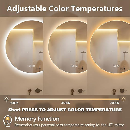 Niccy Round Led Mirror for Bathroom, 24" Circle Frameless Backlit Mirror wiht Light, Anti-Fog, 3 Colors, Waterproof, Memory Function
