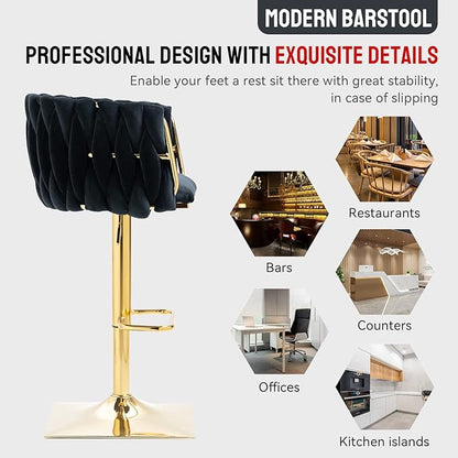 NIOIIKIT Bar Stool Set of 2, Velvet Upholstered Swivel Barstool, Counter Height Chair with Hand Woven Backrest, Dining Barstool with Footrest, Bar Chair for Kitchen Island, Pub (Black)