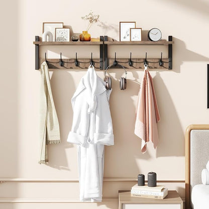 YMYNY Coat Rack Shelf Wall Mounted, Coat Hooks Set of 2, Entryway Coat Hanger with 8 Hooks, 31.5" Wall Floating Shelf with Hat Rack, for Kitchen, Bedroom, Bathroom, Silver Gray UHWS001Y-2