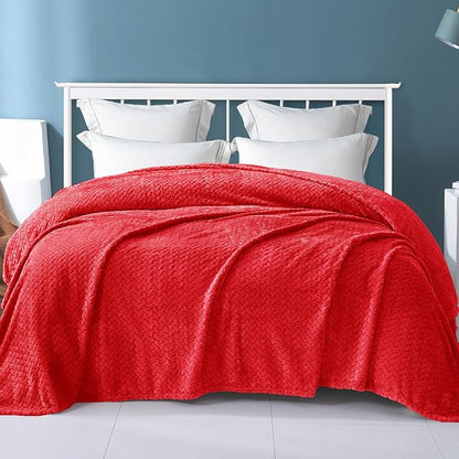 Exclusivo Mezcla Fleece King Size Blanket for Bed, 90x104 Inches Soft Cozy Jacquard Flannel Blankets, Lightweight Fuzzy Plush Warm for Winter, Red