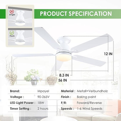 Ceiling Fans with Lights, 56" Flush Mount Ceiling Fan with Light and Remote/APP Control, Low Profile, Modern Ceiling Fan Reversible, Dimmable, Noiseless, White for Bedroom