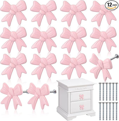 12 Pcs Bow Knobs for Dresser Matel Bow Drawer Knobs Vintage Dresser Handles Cabinet Drawer Pulls for Home Bedroom Kitchen Cabinets Hardware Cupboard (Pink,Fashion Style)