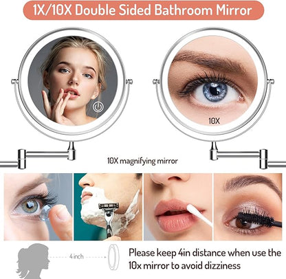 Rocollos Rechargeable Wall Mounted Lighted Makeup Mirror Chrome, 8 Inch Double-Sided LED Vanity Mirror 1X/10X Magnification,3 Color Lights Touch Screen Dimmable 360°Swivel 13 Inch Extendable