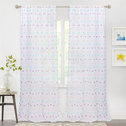 MYSKY HOME Rainbow Pom Pom Curtains for Living Room Light Filtering 90 Inch Long Bedroom Curtains for Nursery Girls Kids Room Rod Pocket Bohemian Voile Window Drapes 52 x 90 inch 2 Panels
