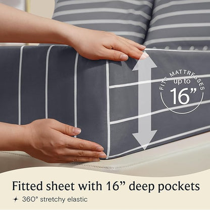 LuxClub Striped Sheets, 3 PC Striped Bed Sheets Twin Size for-Boys-and-Girls-Deep Pockets Wrinkle Free-Kids-Fitted Sheets Machine Washable Hotel Bedding (Twin, Light Grey)