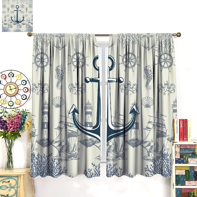 Nautical Anchor Curtains, Vintage Sailboat Ocean Coastal Lighthouse Window Drapes, Navy Blue Coral Shell Seahorse Beach Print Blackout Window Treatments for Living Room Bedroom 72x63in