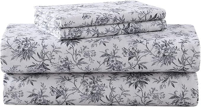 Laura Ashley - Flannel Sheets Full Size, Anti-Pilling & Wrinkle Resistant Cotton, Touchably Soft for All-Season Comfort - Bed Sheets with Matching Pillowcases & Fitted Sheet (Faye Toile Black)