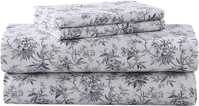 Laura Ashley - Flannel Sheets King Size, Anti-Pilling & Wrinkle Resistant Cotton, Touchably Soft for All-Season Comfort - Bed Sheets with Matching Pillowcases & Fitted Sheet (Faye Toile Black)