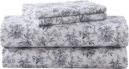 Laura Ashley - Flannel Sheets King Size, Anti-Pilling & Wrinkle Resistant Cotton, Touchably Soft for All-Season Comfort - Bed Sheets with Matching Pillowcases & Fitted Sheet (Faye Toile Black)