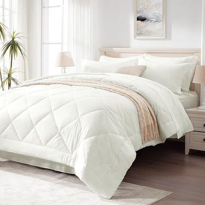Love's cabin King Size Comforter Set Ivory, 7 Pieces King Bed in a Bag, All Season Bedding Sets with 1 Comforter, 1 Flat Sheet, 1 Fitted Sheet, 2 Pillowcase and 2 Pillow Sham