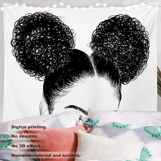 Batmerry Black American Afro Tapestry, White Graphic Woman Wall Art Hanging Decoration Polyester Fiber White Ruffled Around For Dorm Room Bedroom Living Room, 90.6 X 78.7 Inches