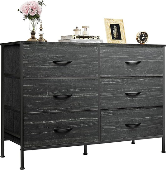 WLIVE 6 Drawer Dresser for Bedroom, Wide Fabric Dresser TV Stand for 50 Inches TV with Metal Frame, Wooden Top, Chest of Drawers, Dressers for Living Room, Hallway, Charcoal Black Wood Grain Print