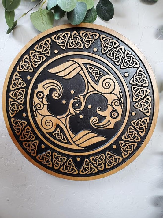 Wood Viking Shield Wall Art, Norse Raven Wall Hanging, Viking Wall Art, Scandinavian Decor Wall Art for Gift, Wall Hangings for Home Office Living Room Farmhouse 24" (Black Glaze)