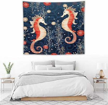 Tapestry Seahorse Christmas Kiss Beach Tapestry Aesthetic Vintage Ocean Seahorse Tapastry's Wall Hanging Wall Tapestry for Dorm Living Room Landscape 50"x60" Tapestries Winter Snowflake Decorative