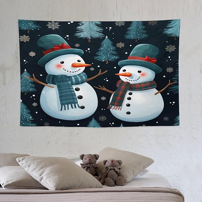 Tapestry Snowman Couple Vintage Aesthetic Tapestry Wall Hanging Christmas Winter Snowman Tapastry's Wall Hanging for Bedroom Aesthetic Home Decor Landscape 40"x60" Christmas Family Party