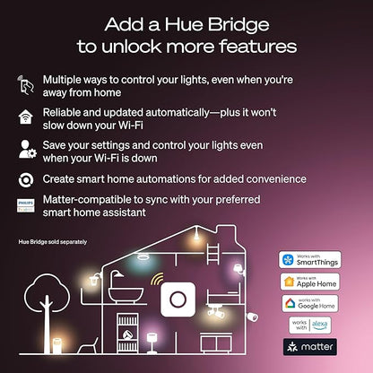 Philips Hue Smart LED A19 Bulb, Warm White Light 2700K, E26 Base, 10.5W, 1100 Lumens, Dimmable, Works with Alexa, Google Assistant, and Apple Home, 2 Pack
