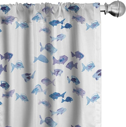 Ambesonne Animal Window Curtains, Little Fishes Watercolors Ocean Underwater Life Marine Theme Art, Lightweight Decor 2-Panel Set with Rod Pocket, Pair of - 28" x 63", Blue