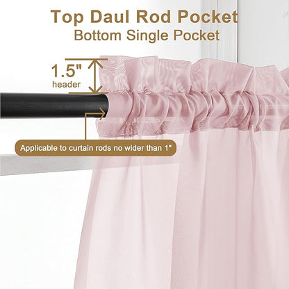 Chyhomenyc Blush Pink Sheer Curtains 30 inch Length 2 Panels, Light Filtering Voile Rod Pocket Short Window Curtians for Bathroom Living Room Farmhouse Small Windows, 42Wx30L inches