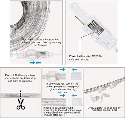 SURNIE Rope Lights Outdoor Waterproof Daylight White: LED 33FT Cuttable Outside Bright 110V Lighting 6000K Flexible Cool Clear Tube, Indoor Deck Patio Xmas Camping Decor, Not Flat Strip