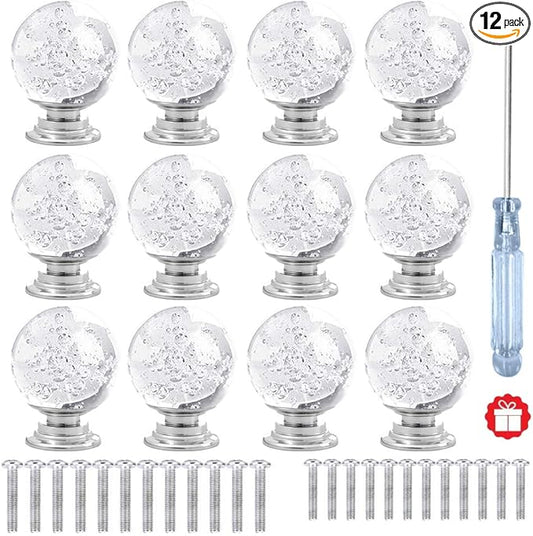 12 Pcs 30mm Round Shape Bubble Crystal Glass Cabinet Knobs with Screws Drawer Knob Pull Handle Used for Kitchen, Dresser, Door, Cupboard (Clear)