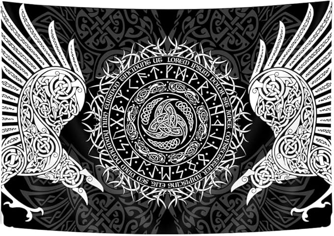 Viking Art Tapestry, Ancient Rune Dragon Totem Nordic Art Wall Hanging Tapestries, Mysterious Meditation Tapestry Wall Hanging for Living Room Bedroom Viking Decor