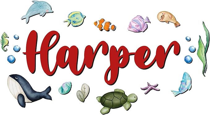 Custom Nursery Name Sign with Themed Decor Kit | Personalized Wooden Wall Art for Baby, Kids Room | Space, Jungle, Circus, Under the Sea, Woodland, Rainbow (50", Under the Sea)
